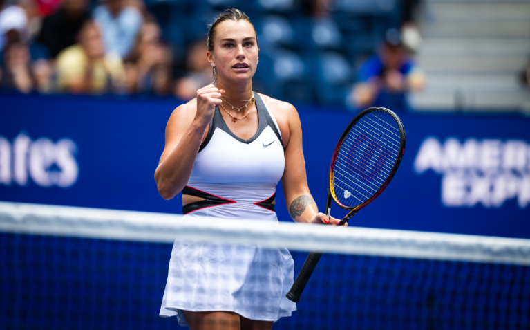 Sabalenka unleashes heavy baseline power.