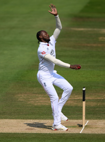 Jofra Archer bowling at full speed during Test action.