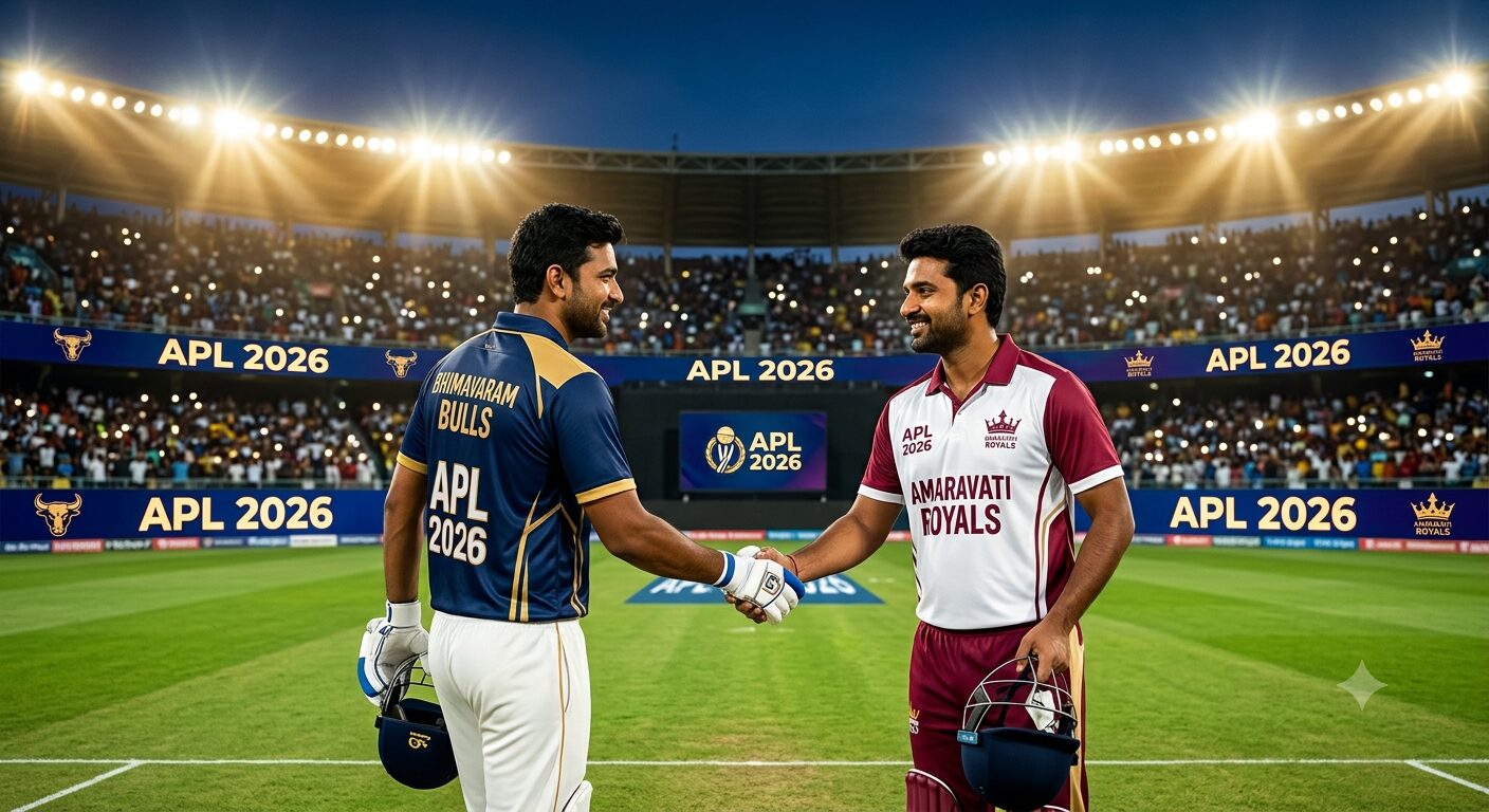 A high-quality stadium backdrop featuring Bhimavaram Bulls and Amaravati Royals captains shaking hands before the match, with APL 2026 branding and floodlights illuminating the venue.