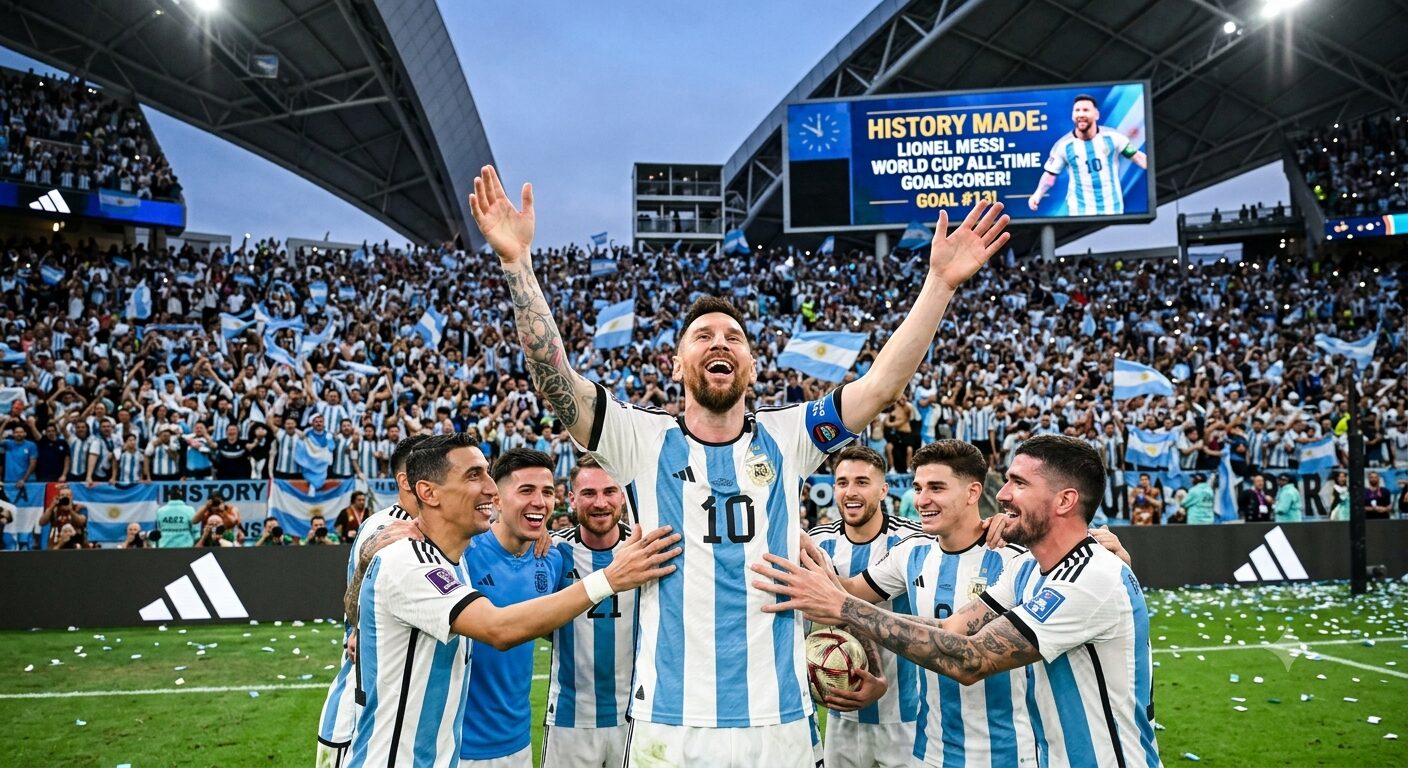 Lionel Messi celebrating after scoring his record-breaking World Cup goal, surrounded by Argentina teammates in front of a packed stadium of supporters.