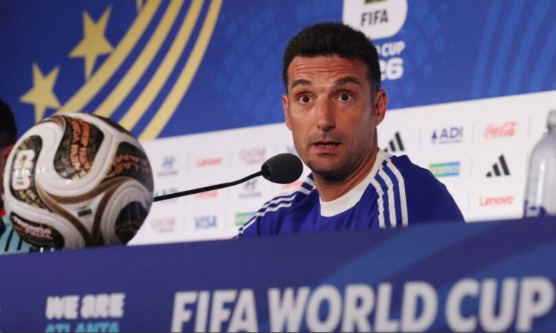 Argentina manager Lionel Scaloni addresses the media in Atlanta