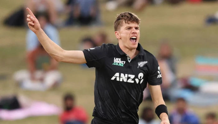 New Zealand's Ben Sears celebrates the wicket of Mohammad Wasim during the second ODI match against Pakistan at Seddon Park in Hamilton on April 2, 2025. - AFP