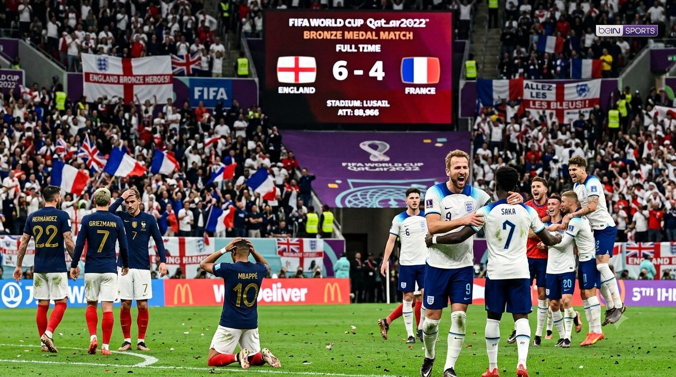 England vs France 6-4 World Cup bronze match featuring players competing in a dramatic football game