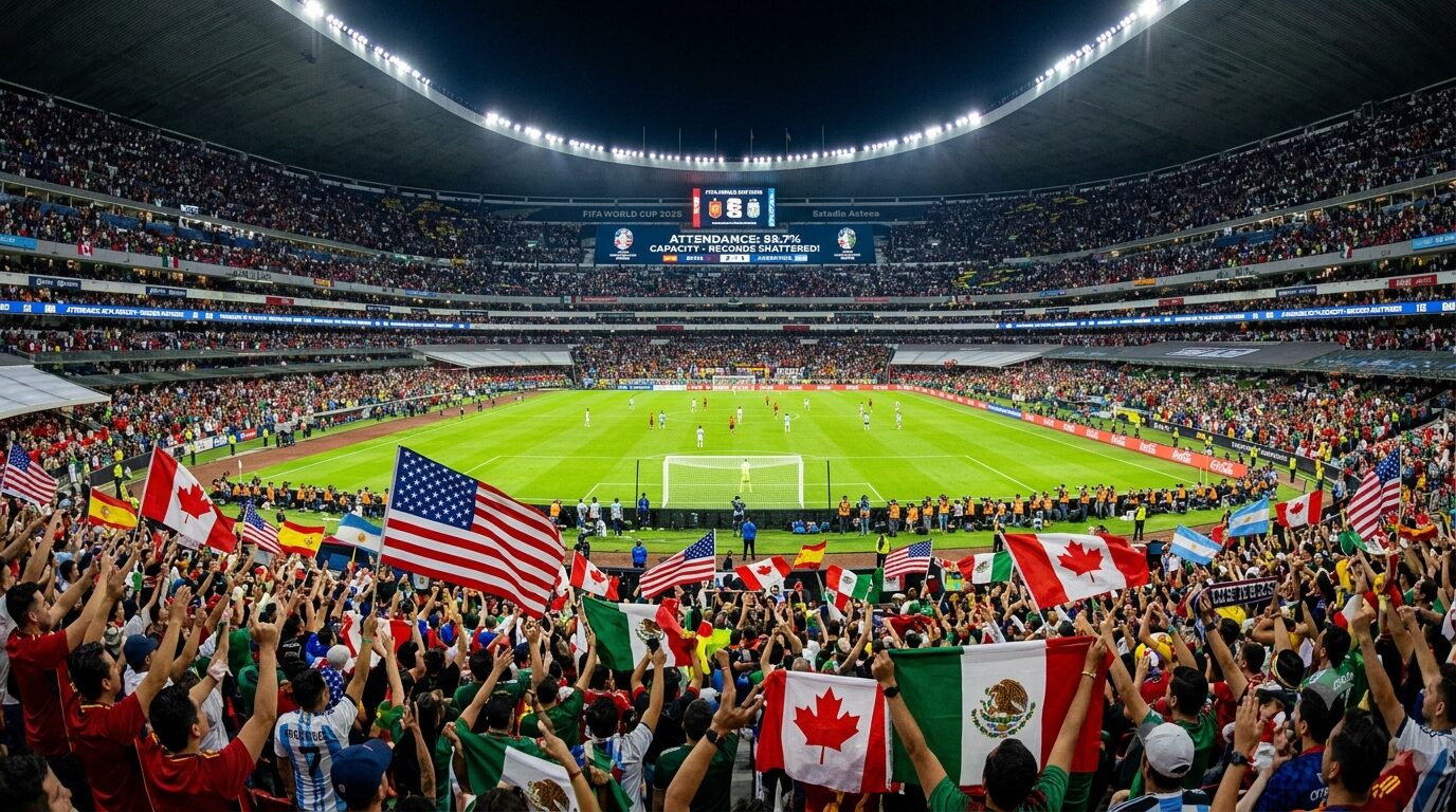 Panoramic photo of a packed stadium crowd celebrating historic FIFA World Cup 2026 records for attendance, featuring flags of host nations USA, Canada, and Mexico.