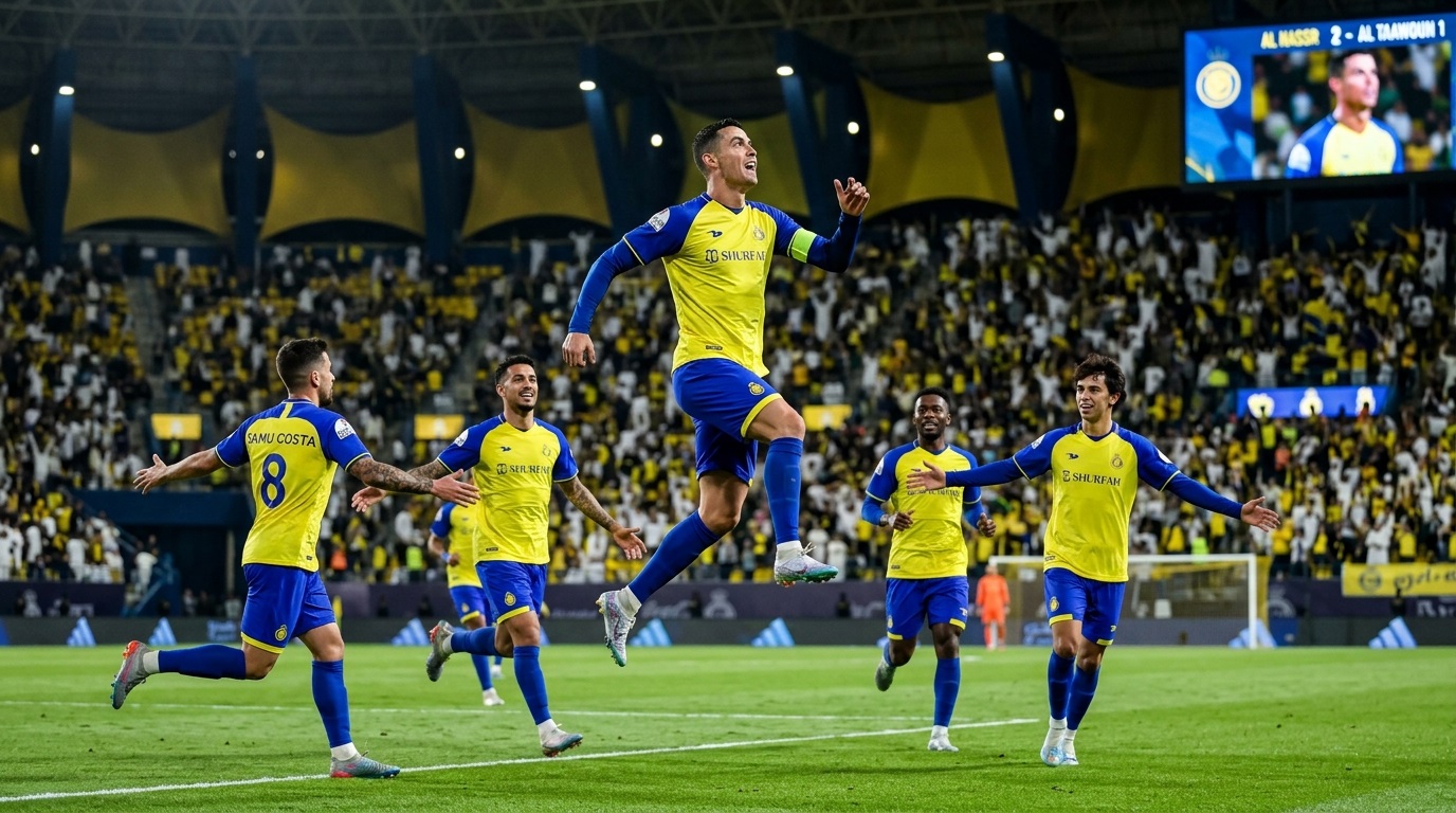 Al Nassr beat Al Taawoun 2-1 as Cristiano Ronaldo celebrates scoring the winning goal.