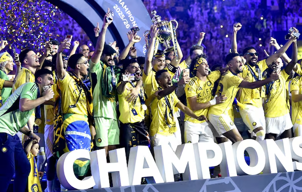 Al Nassr players celebrate after securing four consecutive wins to open the Saudi Pro League campaign.