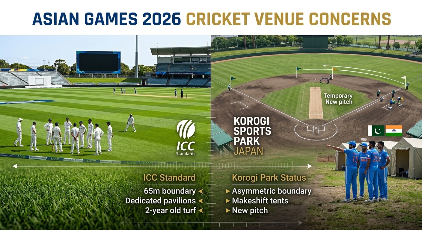 Asian Games 2026 cricket venue concerns regarding Korogi Sports Park pitch and facility standards raised by PCB and BCCI.
