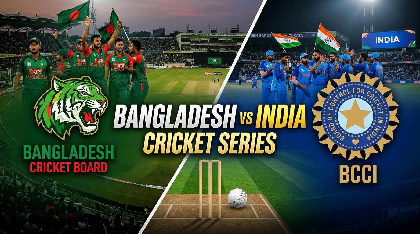 Bangladesh vs India Cricket Series administrative representation featuring BCB and BCCI logos overlooking a stadium pitch.Bangladesh vs India Cricket Series administrative representation featuring BCB and BCCI logos overlooking a stadium pitch.