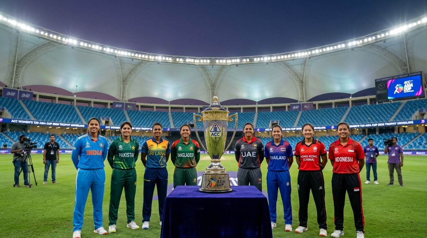 Captains of participating nations pose with the Women's T20 Asia Cup 2026 trophy at Dubai International Cricket Stadium.