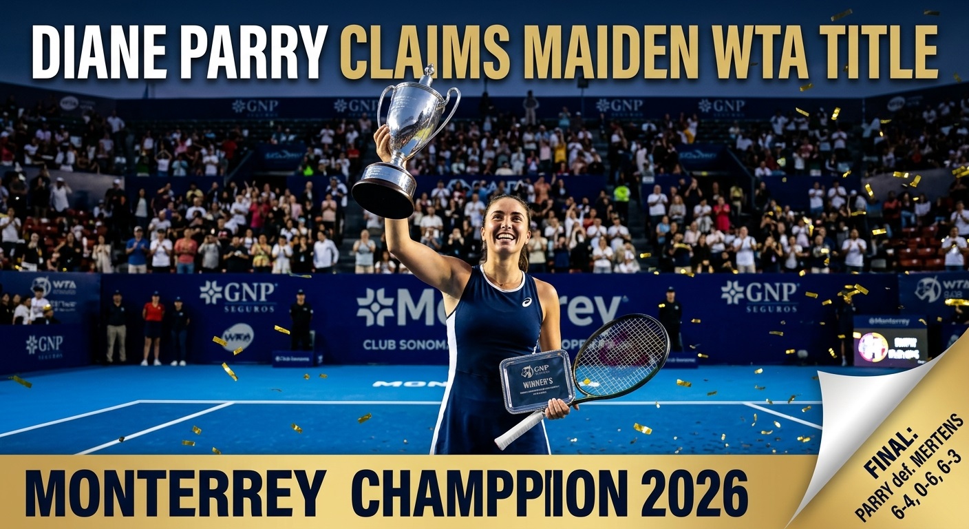 Diane Parry celebrates winning her maiden Diane Parry WTA title 2026 at the Monterrey Open final against Elise Mertens.