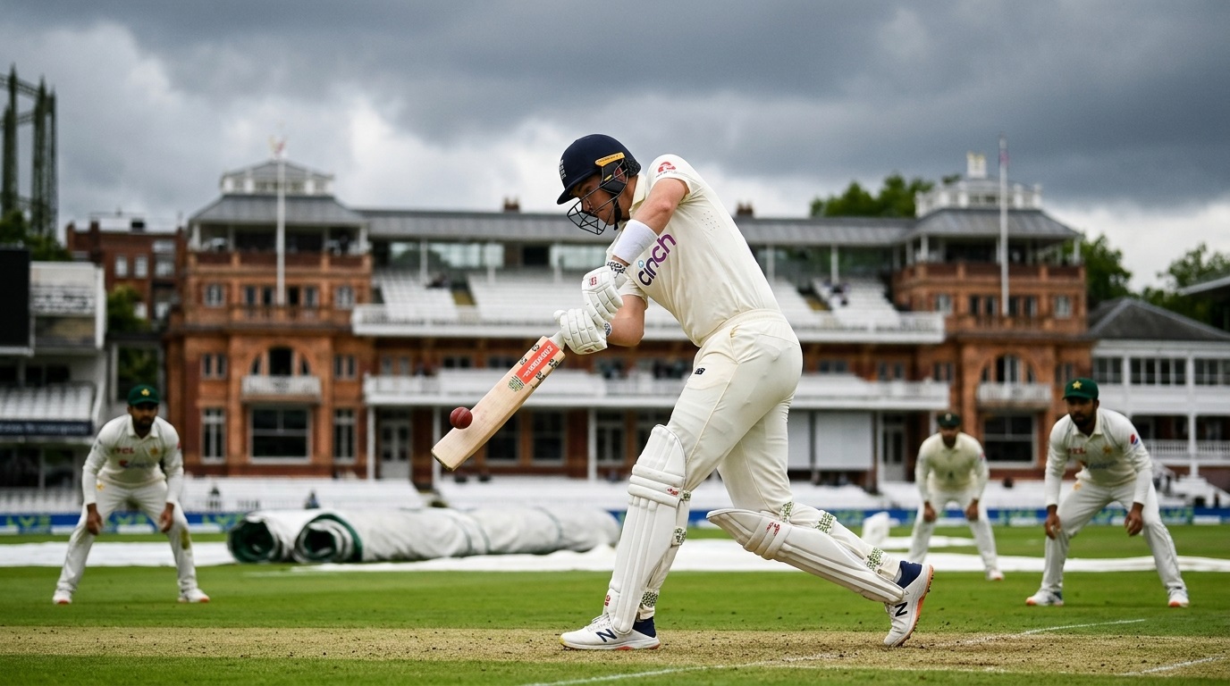 Dan Lawrence executing a drive shot for England during the England vs Pakistan 2nd Test match at Lord's under heavy cloud cover.