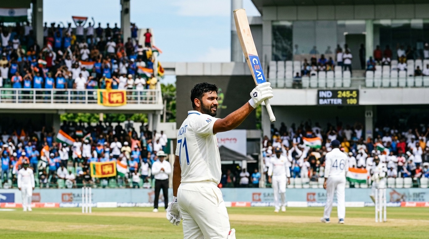 India vs Sri Lanka 2nd Test report showing Dhruv Jurel celebrating his maiden Test century in Colombo.