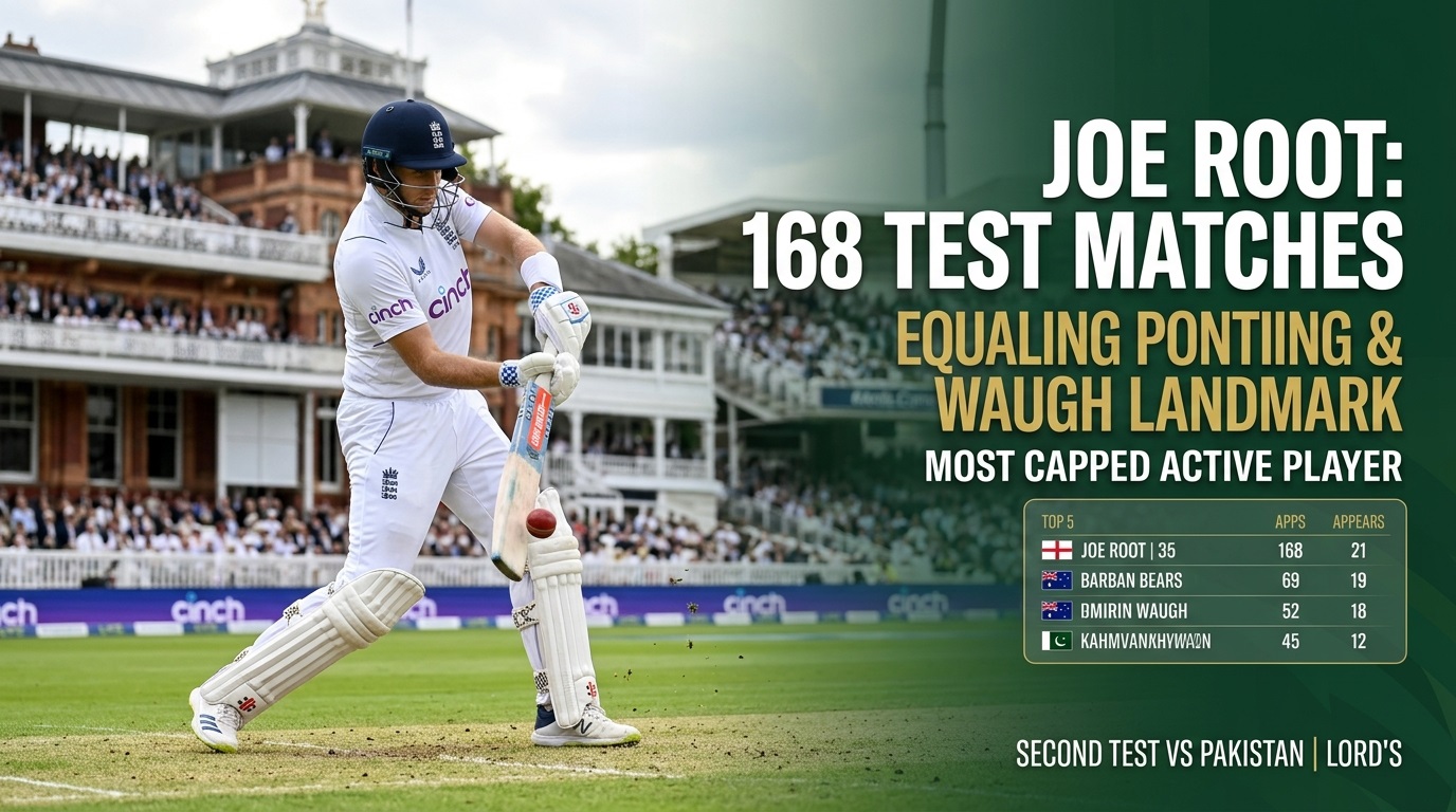 Joe Root Test appearances landmark graphics showing England batsman at Lord's cricket ground.