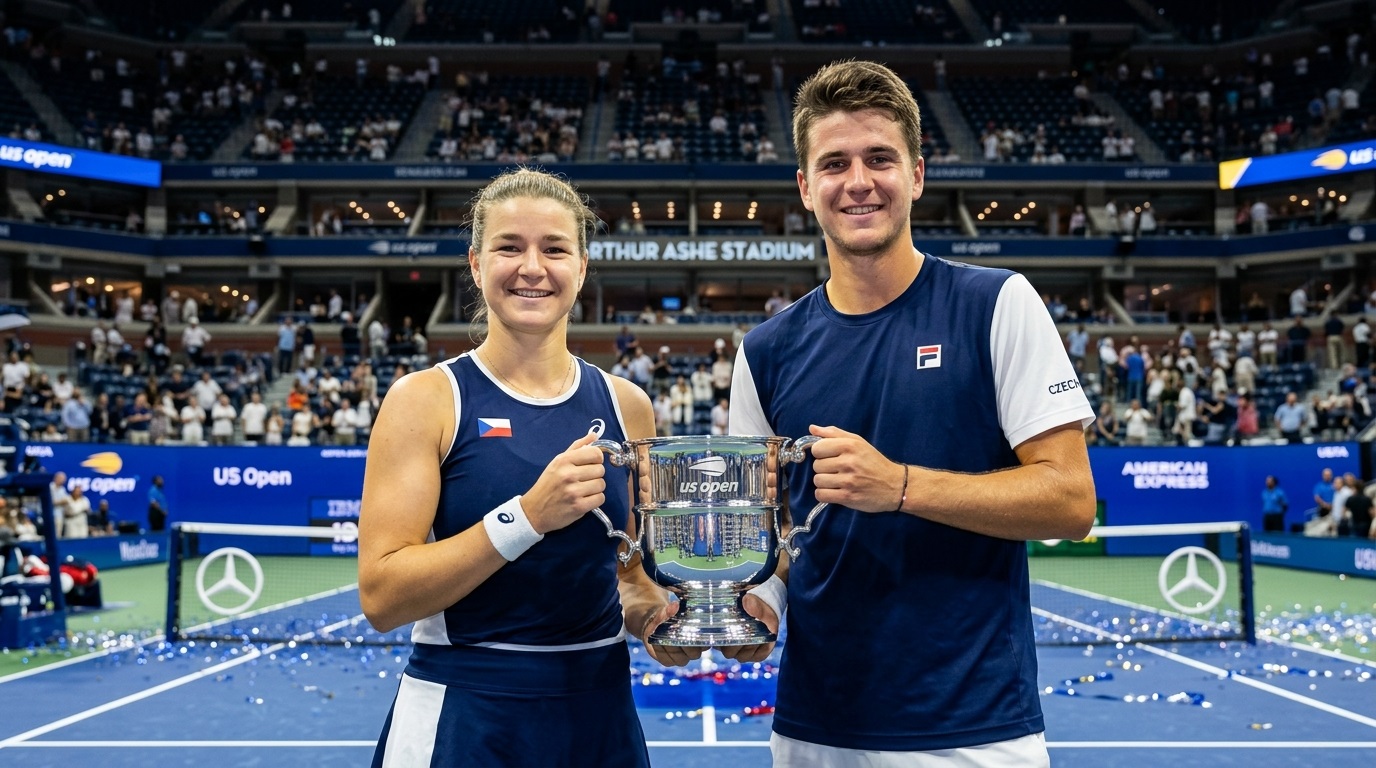 Karolina Muchova and Jakub Mensik hold the US Open mixed doubles title 2026 championship trophy at Arthur Ashe Stadium.