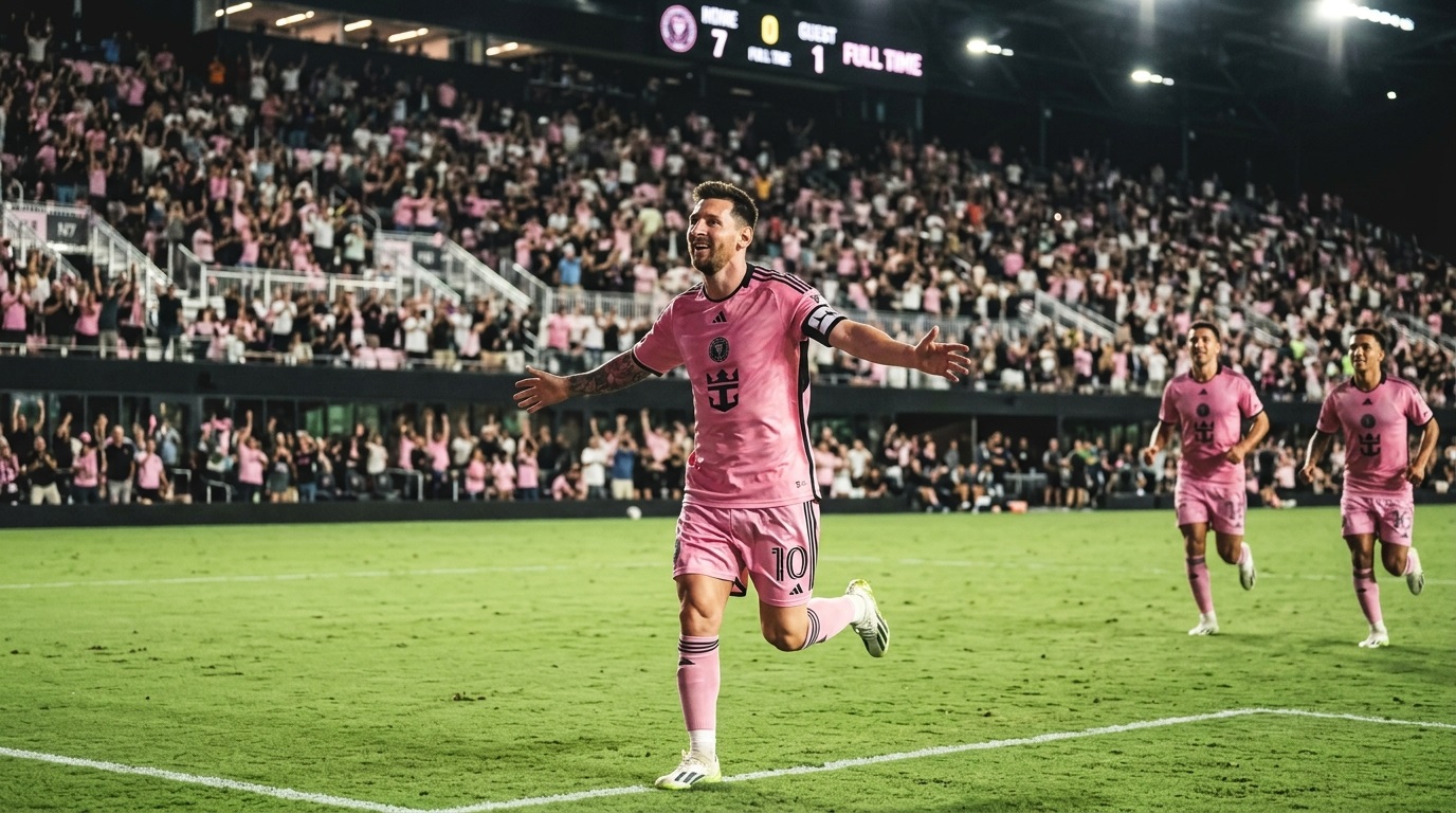 Lionel Messi Inter Miami score 4 goals celebrating at NU Stadium during 7-1 victory over CF Montreal.