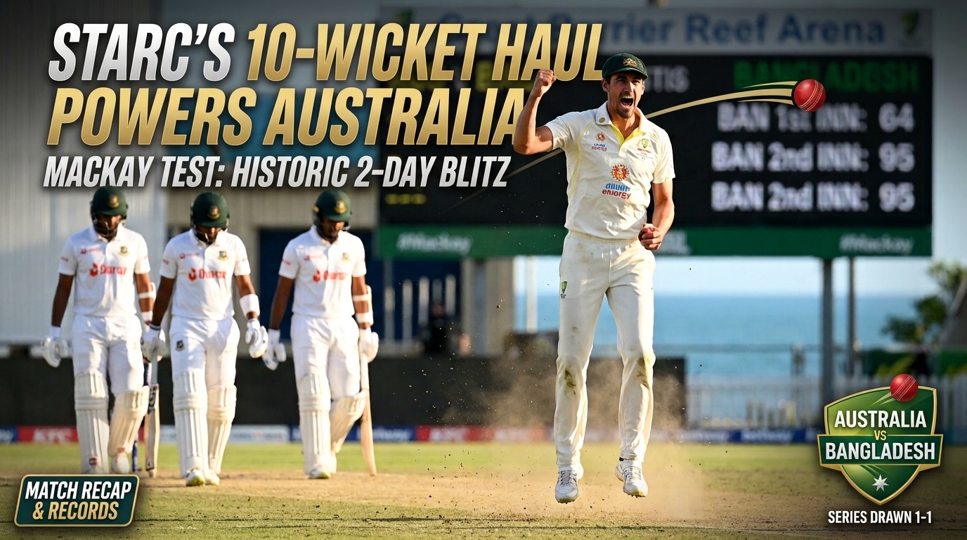 Mitchell Starc celebrating a wicket during Australia vs Bangladesh 2nd Test match at Mackay
