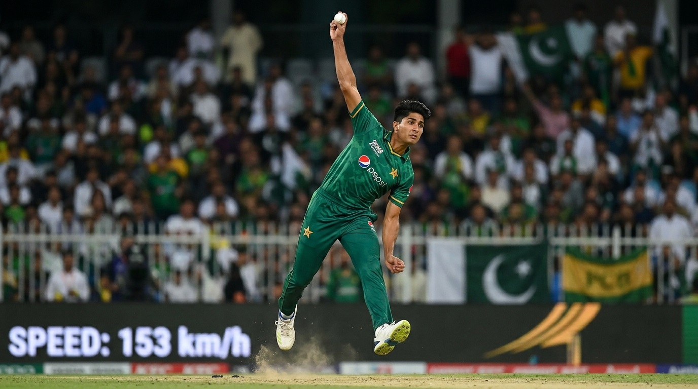 Mohammad Hasnain fast bowler executing his high-arm action during an international match for Pakistan
