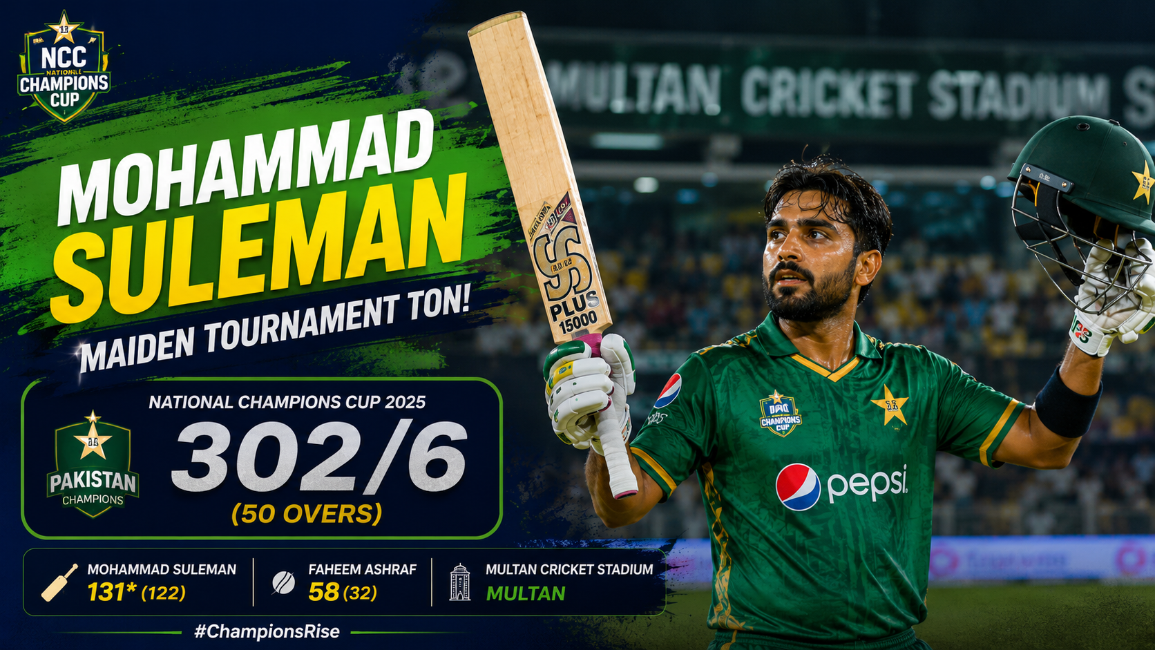 Mohammad Suleman scores an unbeaten century for Pakistan Greens in the National Champions Cup 2026 at Multan Cricket Stadium.