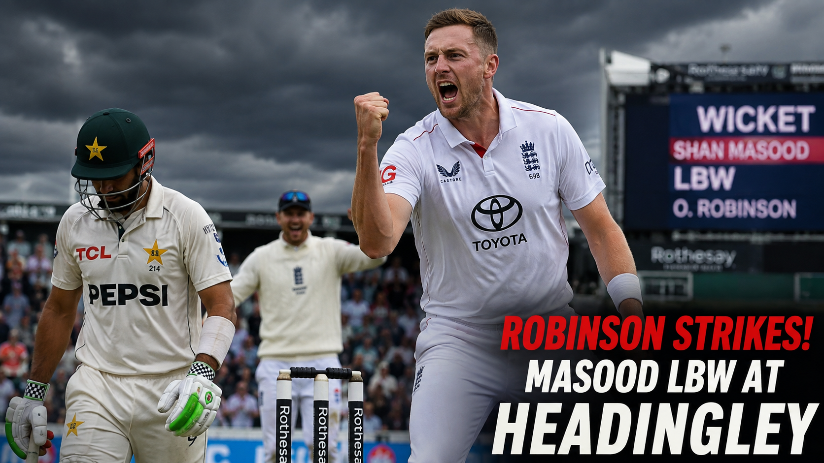 Ollie Robinson celebrates an LBW dismissal during the Pakistan vs England 1st Test at Headingley
