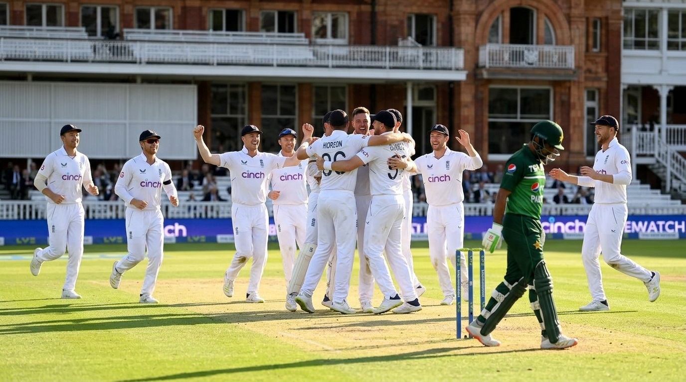 Ollie Robinson celebrating a key wicket during Day 4 of the England vs Pakistan 2nd Test 2026 match report at Lord's.