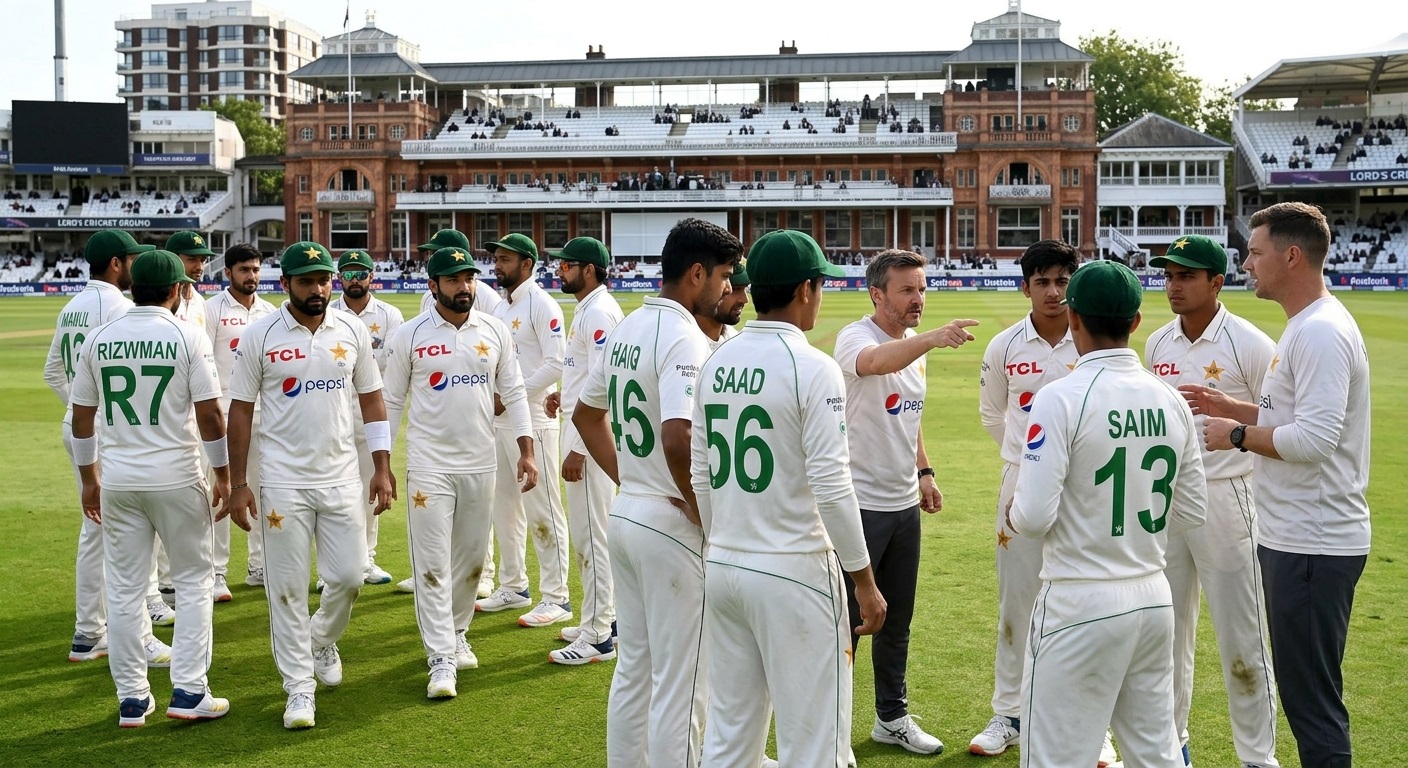 Pakistan Test squad in white jerseys standing in a team huddle on the field during their tour of England.