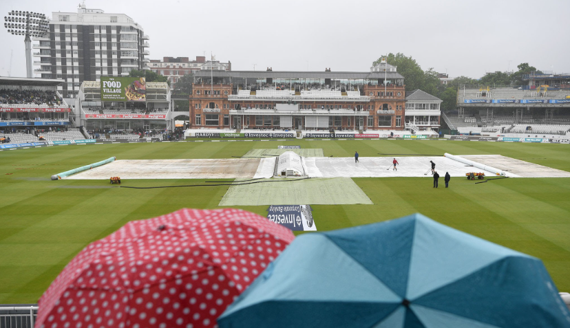 Rain covers protecting the pitch at Lord's during weather delays.