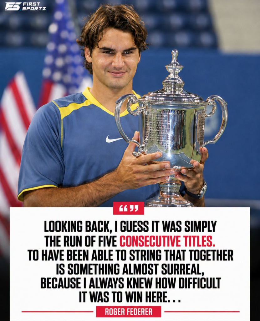 Roger Federer celebrating one of his five consecutive US Open titles.