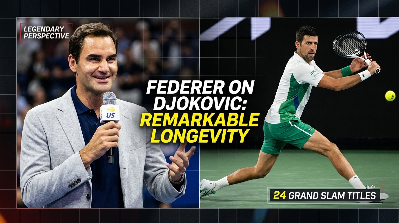 Roger Federer praising Novak Djokovic longevity during US Open exhibition media session.