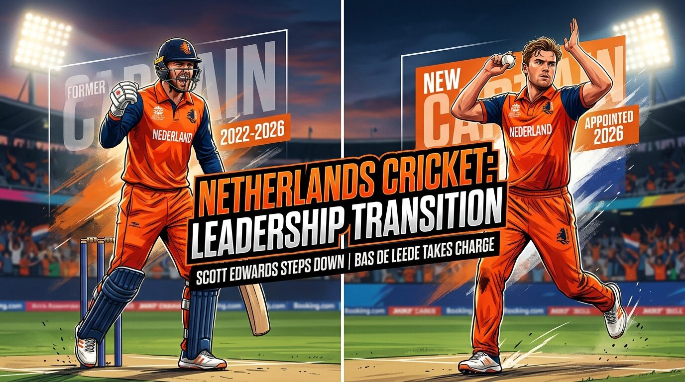 Official announcement banner as Scott Edwards steps down as the Netherlands cricket captain, featuring a smooth transition graphic to incoming skipper Bas de Leede.