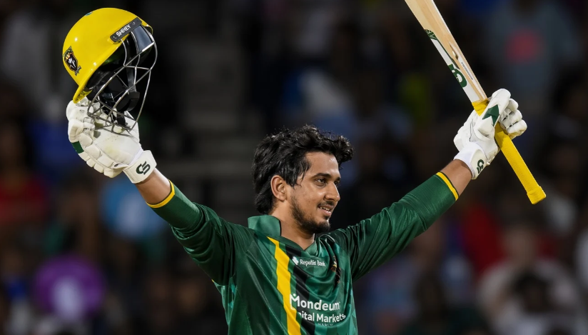 Saim Ayub celebrates his brilliant 102 off 58 balls at Warner Park.