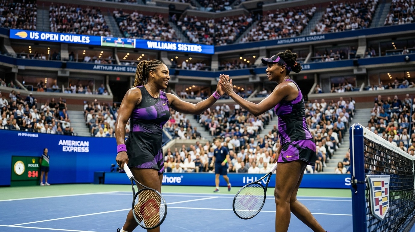 Serena and Venus Williams high-five on court after receiving a US Open doubles wild card.