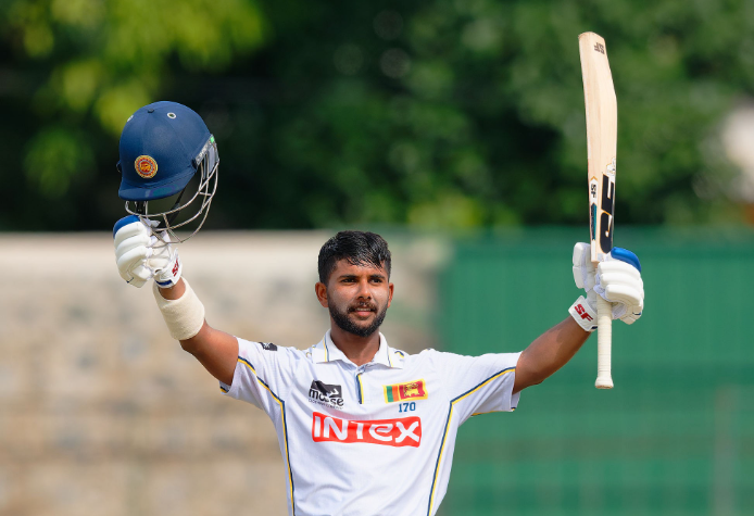 Sonal Dinusha celebrates his epic second-innings century at SSC Colombo.