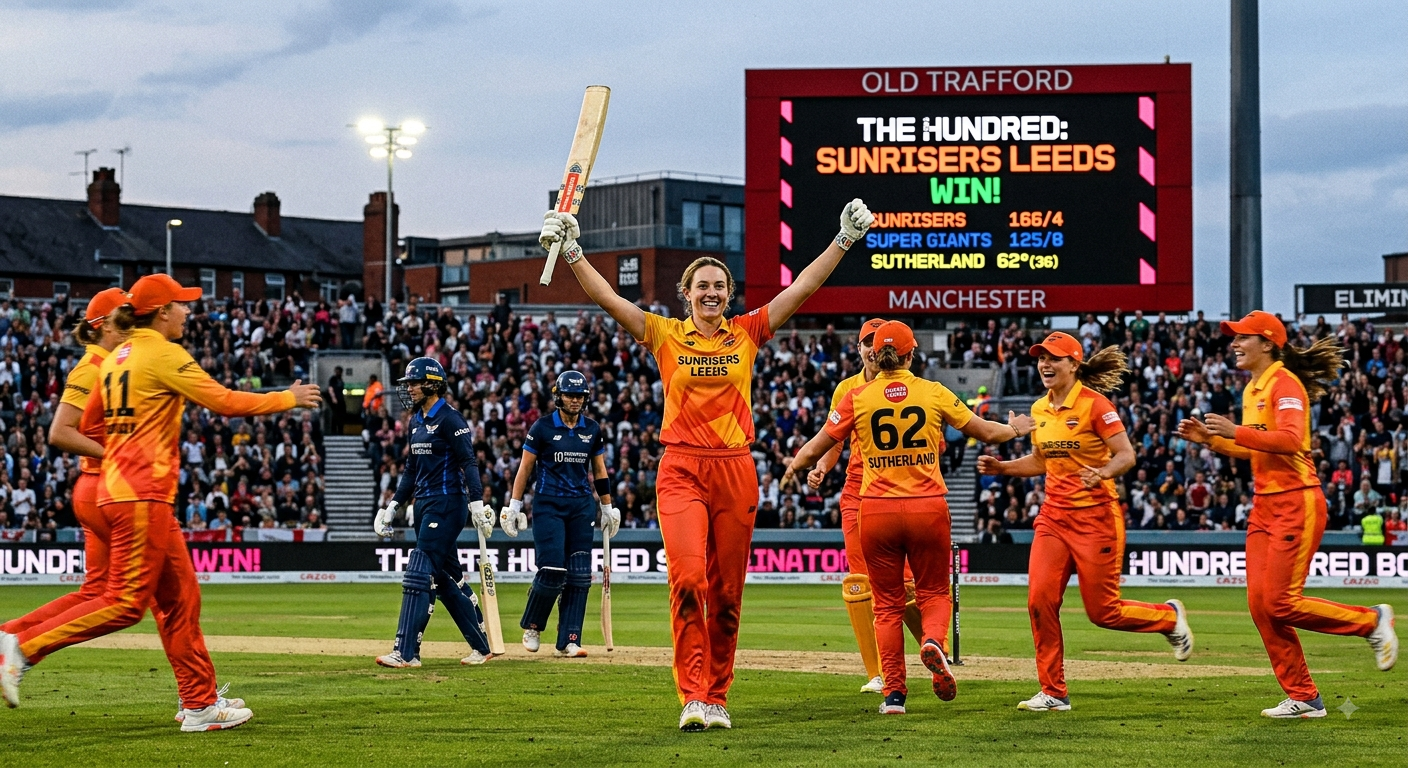 Annabel Sutherland celebrating with SunRisers Leeds teammates during The Hundred Eliminator 2026 qualifying match against Manchester Super Giants at Old Trafford.