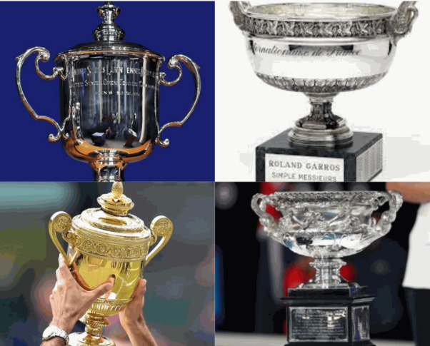 The four Grand Slam trophies represent the pinnacle of tennis achievement.