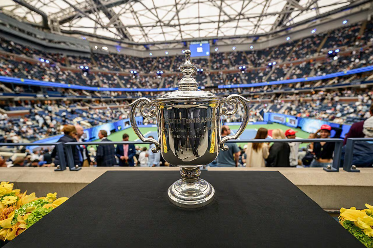 The iconic US Open championship trophy at Arthur Ashe Stadium.