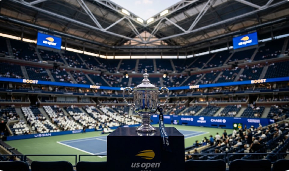 US Open prize money boost trophy displayed inside Arthur Ashe Stadium at Flushing Meadows.