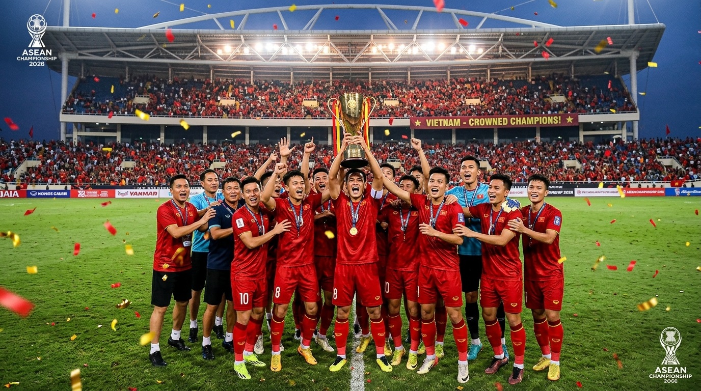 Vietnam national football team holding the ASEAN Championship 2026 trophy at My Dinh National Stadium Hanoi.