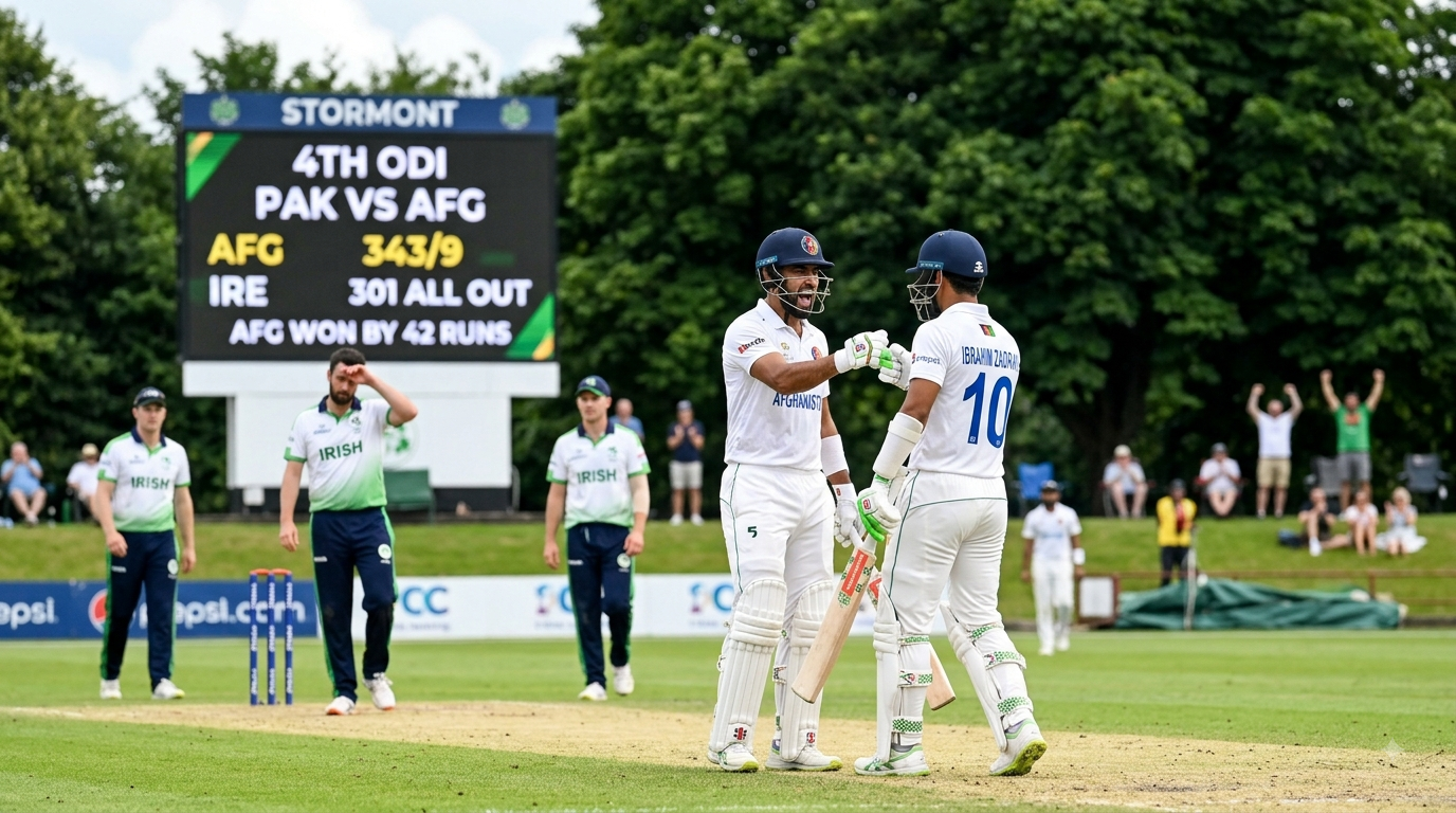 Afghanistan defeats Ireland 4th ODI feature image showing Sediqullah Atal celebrating his century alongside Ibrahim Zadran in Belfast.