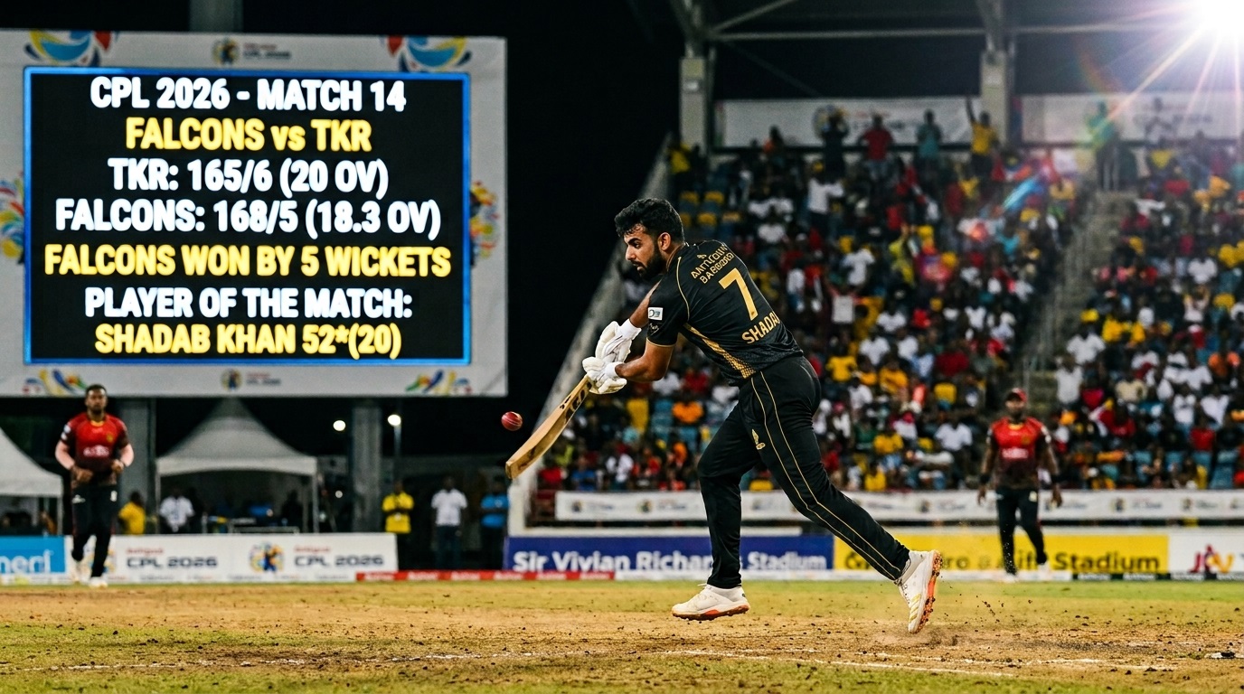 Shadab Khan playing a match-winning shot for Antigua and Barbuda Falcons in their official black kit against Trinbago Knight Riders in CPL 2026.