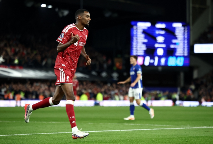 Alexander Isak celebrates his early double at Portman Road.