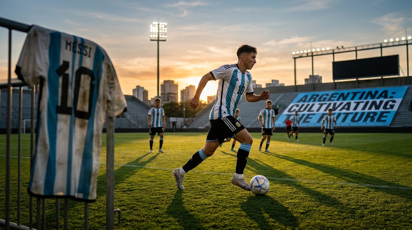 Argentina national team rebuild showing players celebrating inside a stadium under bright floodlights.