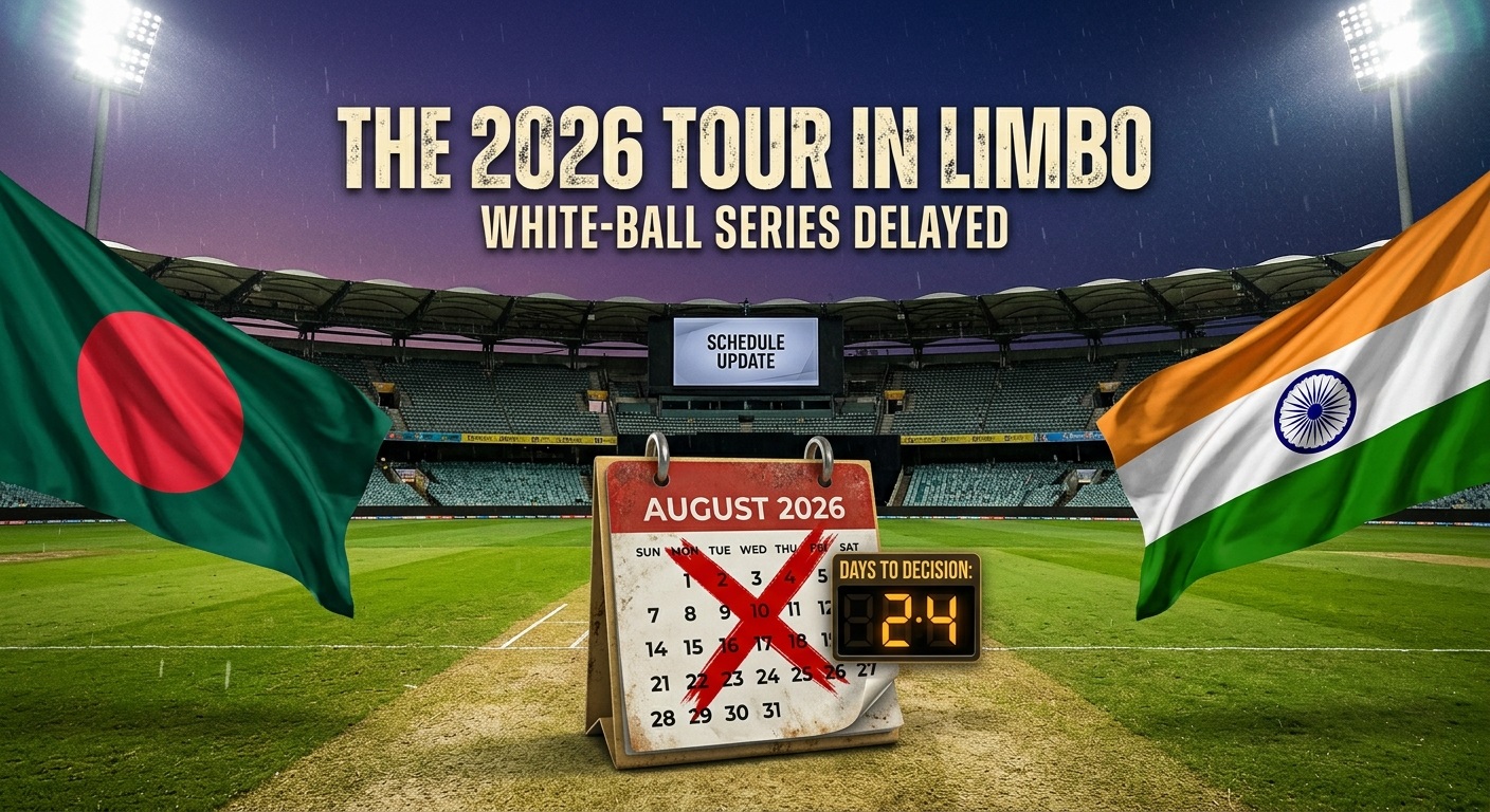 Bangladesh vs India delayed cricket series update showing stadium and national team colors
