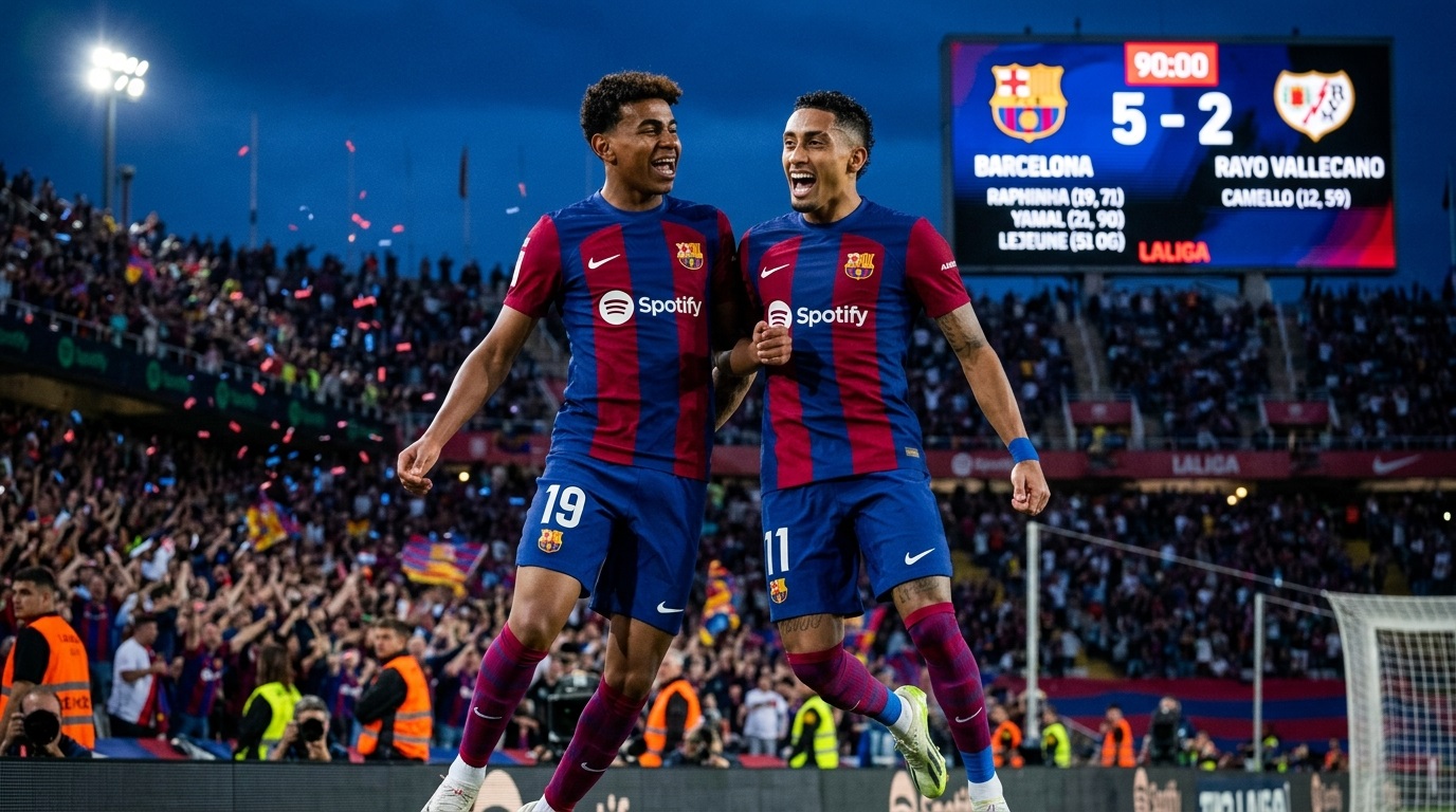 Barcelona vs Rayo Vallecano 5-2 match action as Lamine Yamal and Raphinha celebrate a goal at Camp Nou.