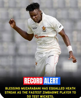 Blessing Muzarabani leads Zimbabwe's relentless pace attack.