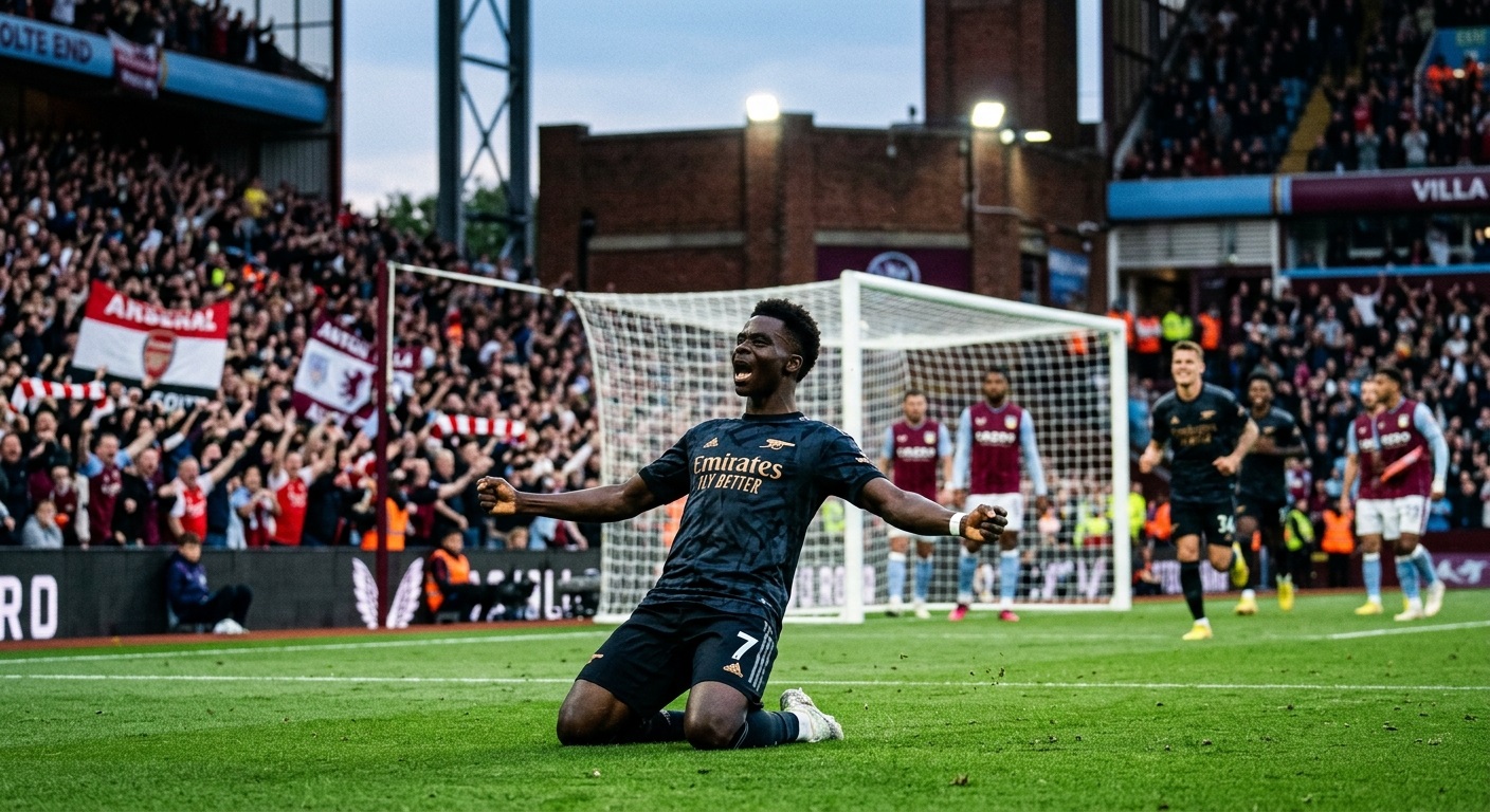 Bukayo Saka Arsenal victory celebration after scoring the winning goal against Aston Villa at Villa Park.