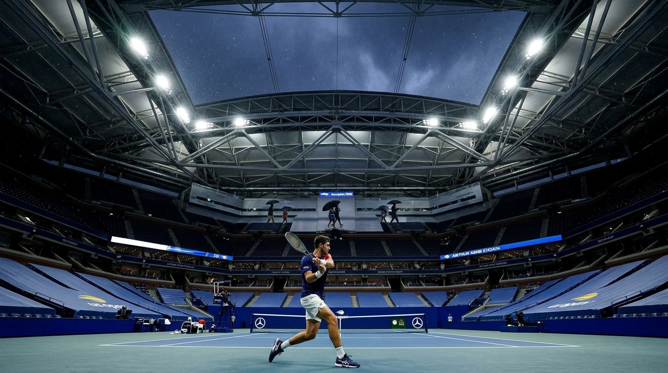 Closed retractable roof at Arthur Ashe Stadium during US Open 2026 rain delays as indoor matches proceed.