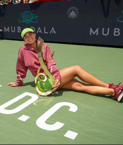 Alexandra Eala celebrating her historic WTA singles triumph in Washington.