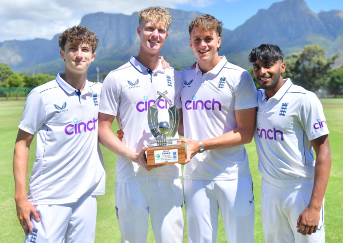 England U19 players celebrating their dramatic 10-run victory over Pakistan U19.