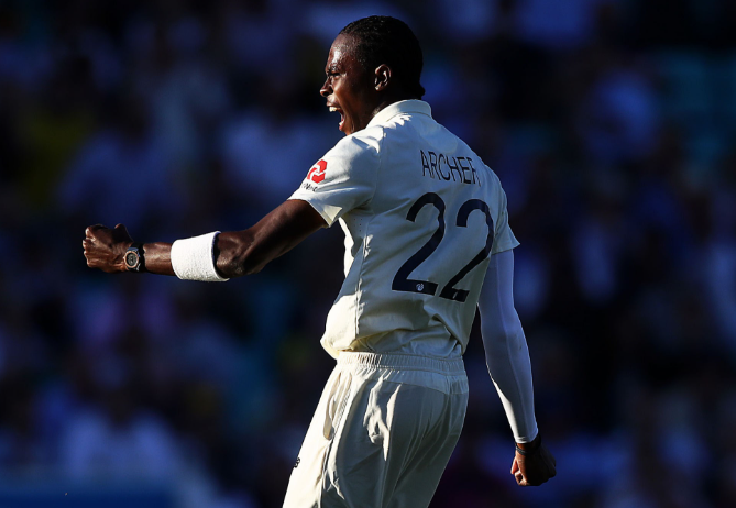 Jofra Archer celebrating a Test breakthrough.