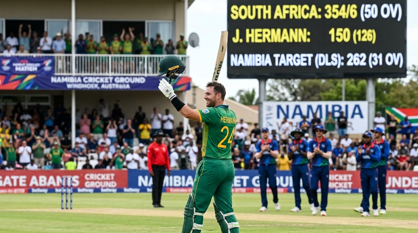 Jordan Hermann celebrates setting the Jordan Hermann ODI debut 150 record against Namibia in Windhoek.